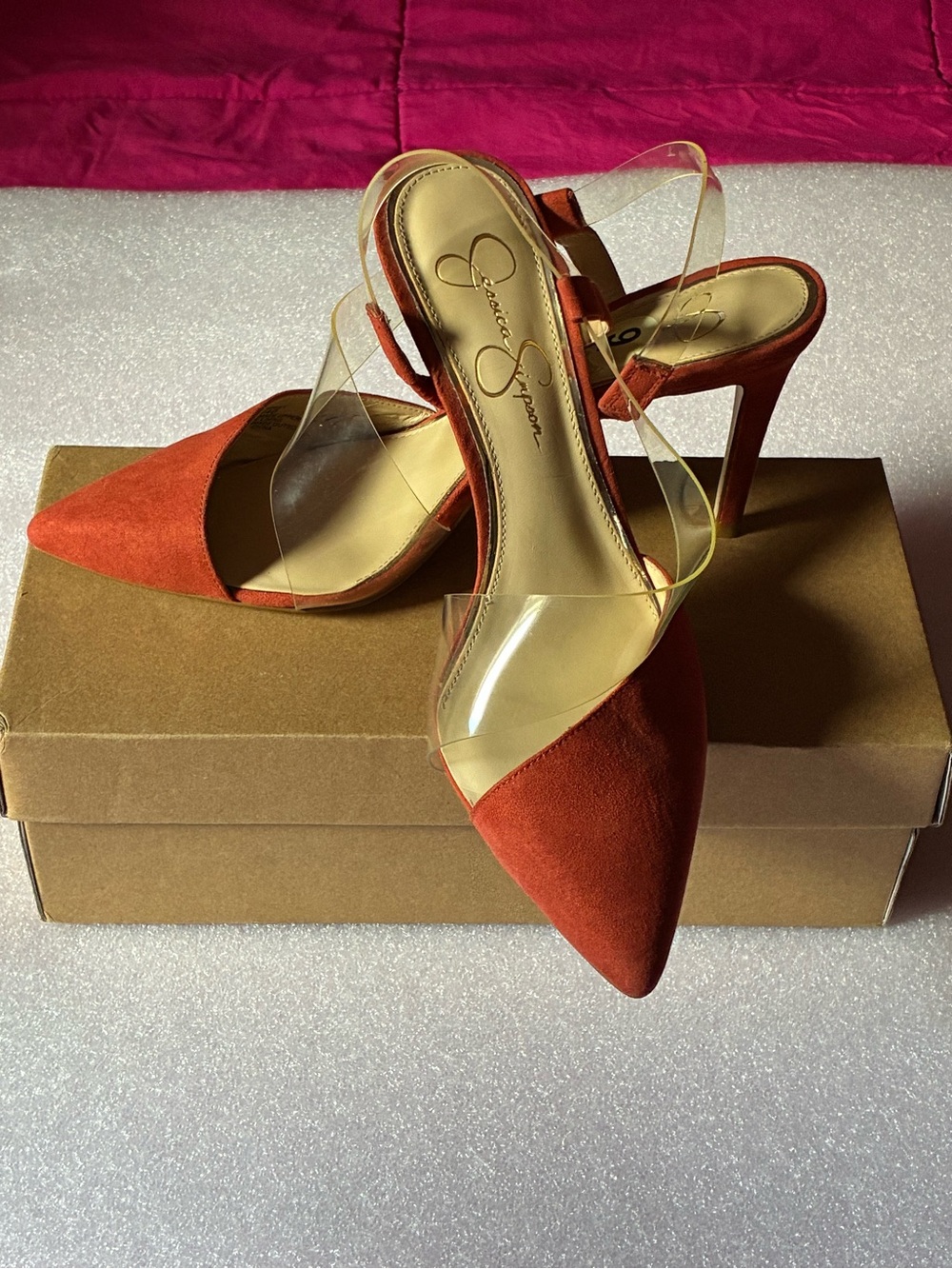 Jessica Simpson Orange Suede Pointed-Toe Clear Strap Stiletto Heels: ELEGANT🔥